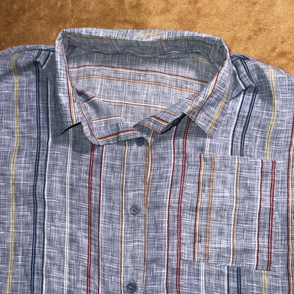 Women Small Blue Stripe Collar Button Up Roll up Short Sleeve Poly Shirt (P) - Picture 3 of 7